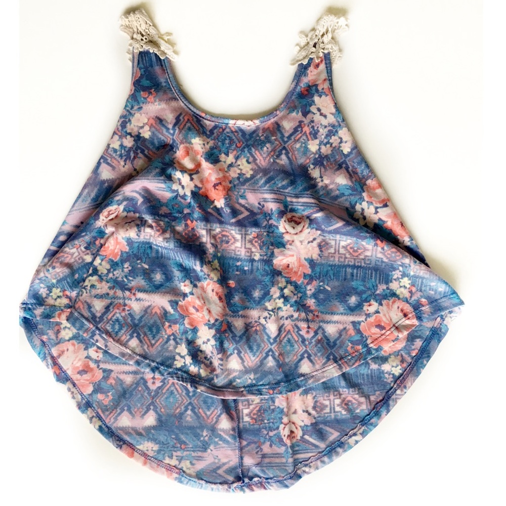 Floral Pastel High Low Tank Top with Crochet